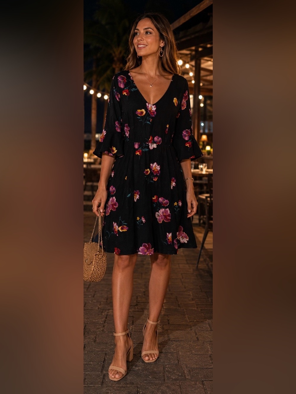 Old Navy Black Floral V-Neck Midi Dress with Pink & Yellow Flowers
